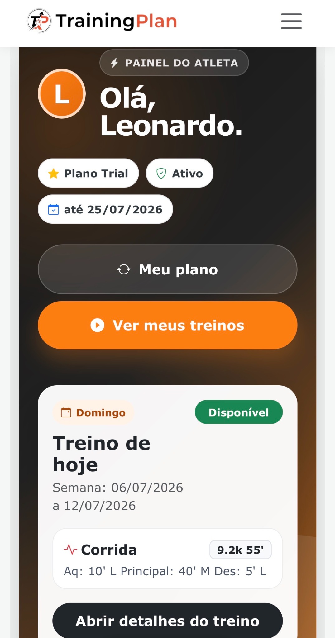 Painel do atleta no TrainingPlan mostrando plano ativo e treino do dia